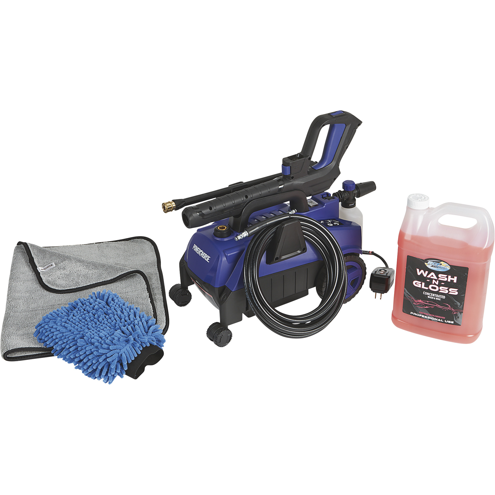 Powerhorse Follow Me 2,100 PSI Electric Pressure Washer Car Cleaning Kit, 1.9 GPM, Foam Cannon, 20ft. Hose, Wash Wax Soap, Microfiber Mitt & Drying Towel, Wall?Mount Compact Auto Detailing System